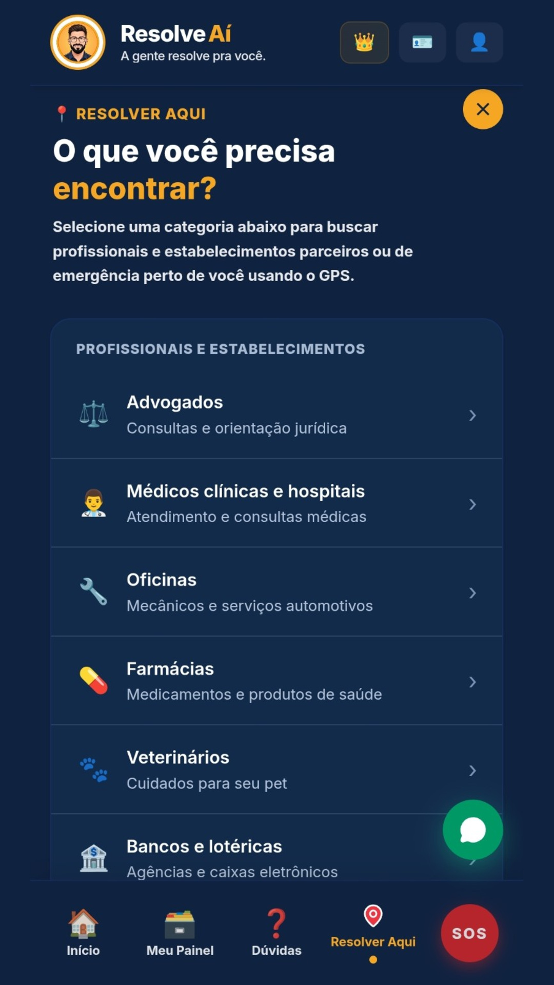 Tela para encontrar profissionais