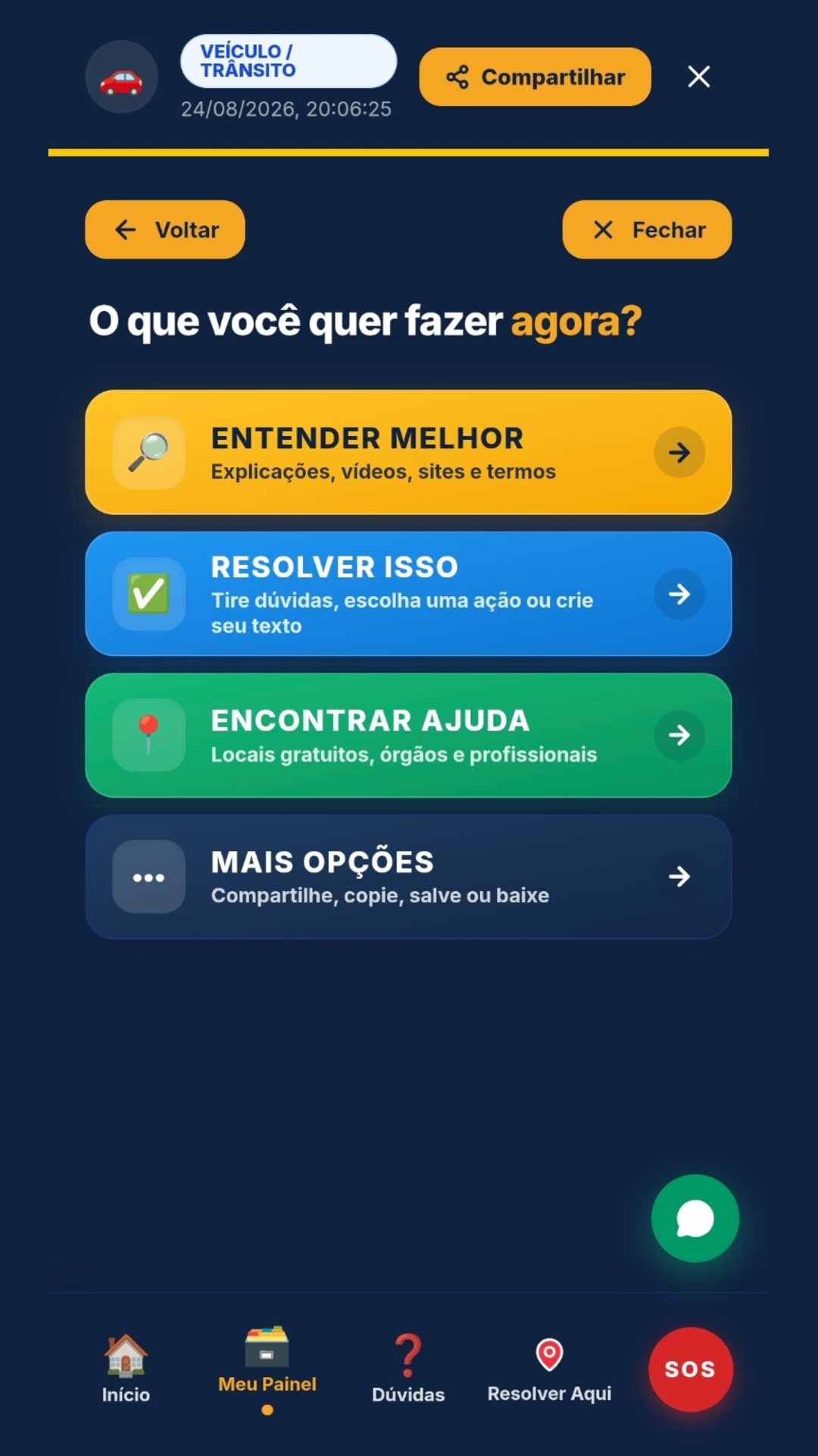 Tela de opções após uma análise