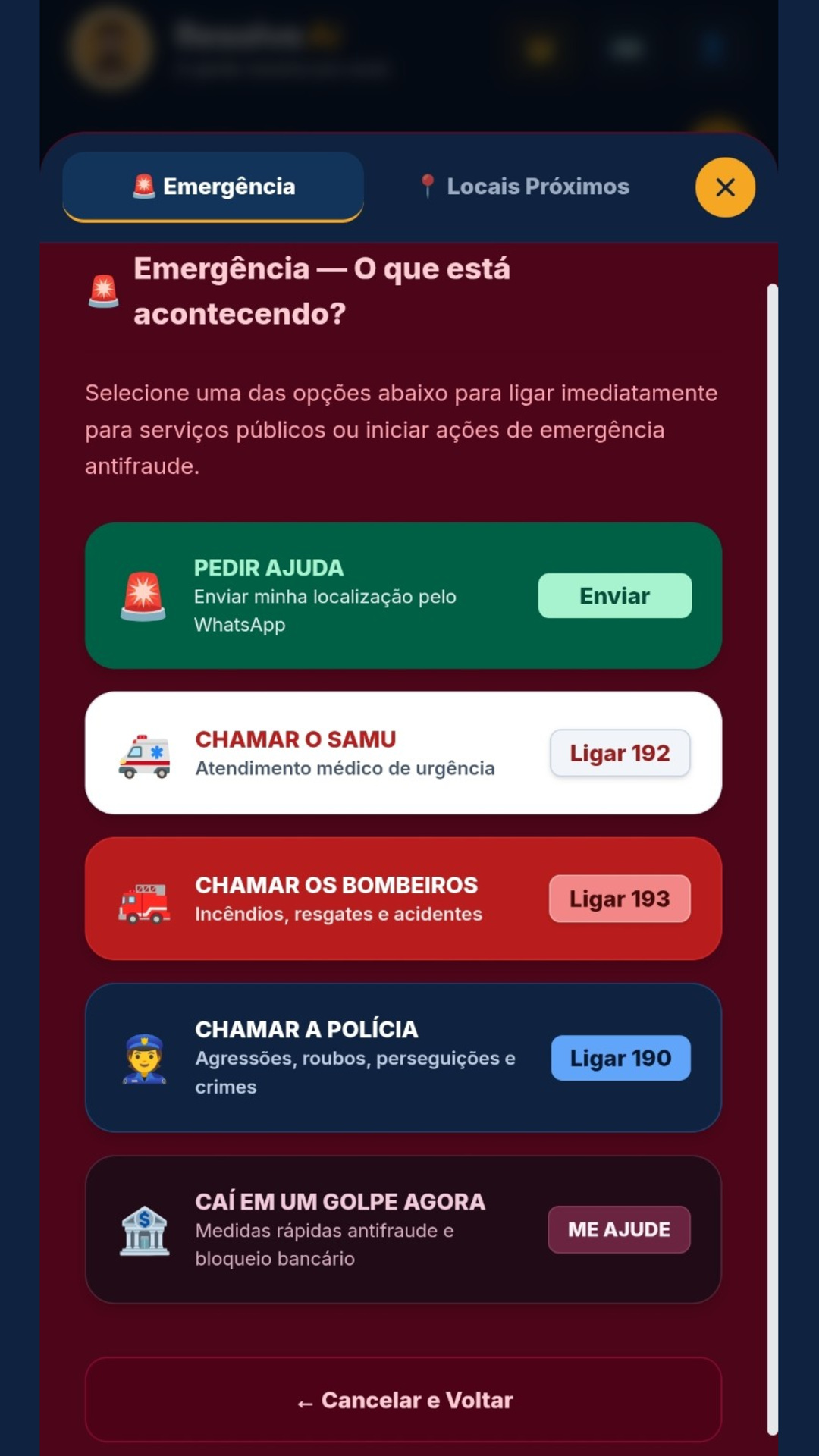 Tela SOS do Resolve Aí com serviços de emergência